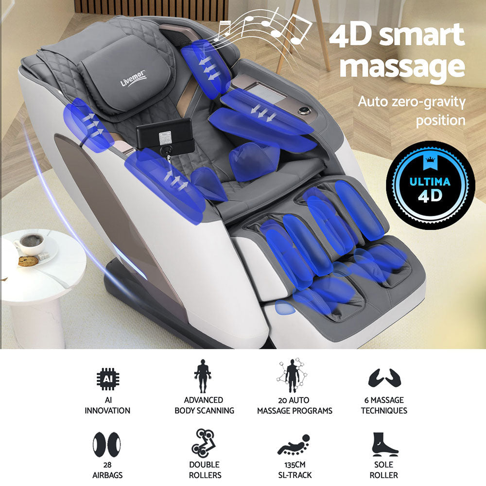 Livemor 4D Massage Chair Electric Recliner Double Core Mechanism Massager Melisa White Lounge Fast shipping On sale