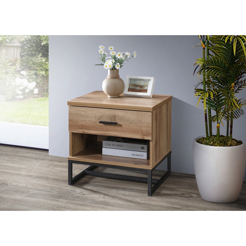 Logen Open Shelf Nightstand Bedside Table 1-Drawer Wotan Oak/Black Fast shipping On sale