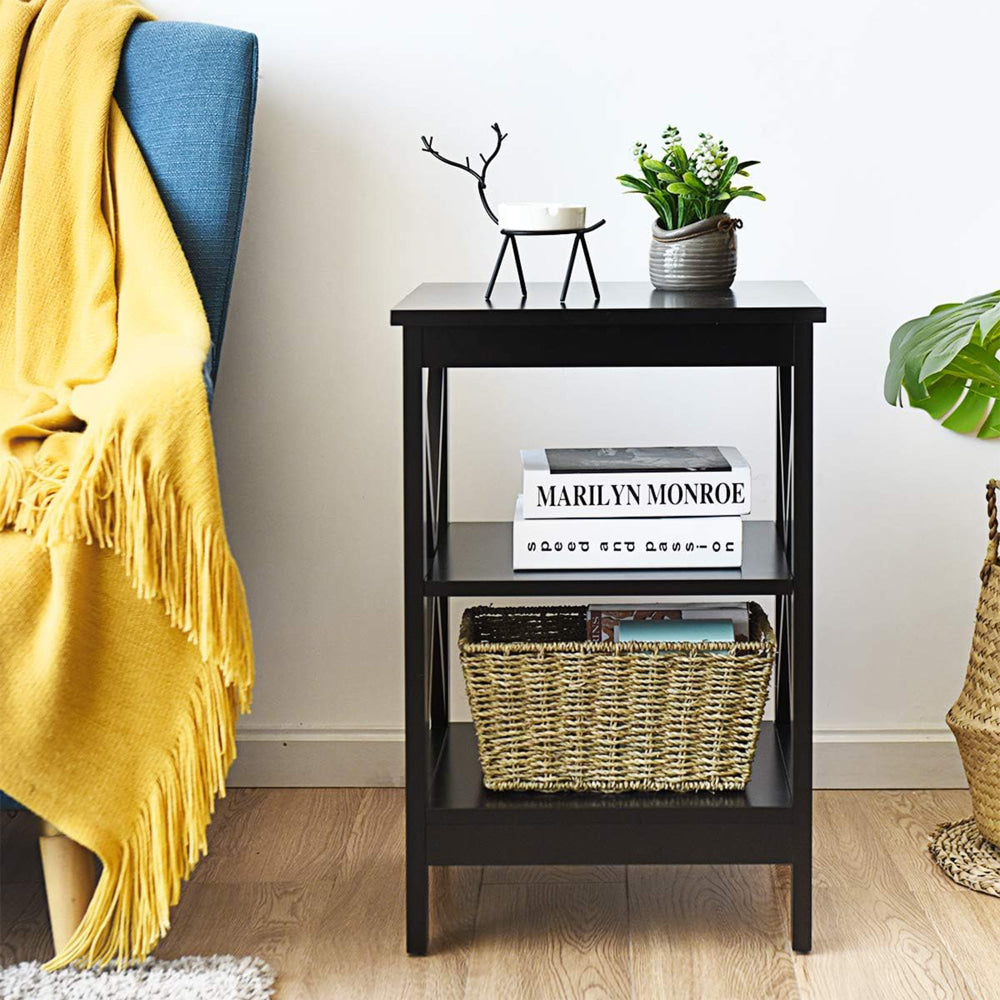 Lortelle Wooden End Lamp Side Table 2-Open Shelves Black Fast shipping On sale