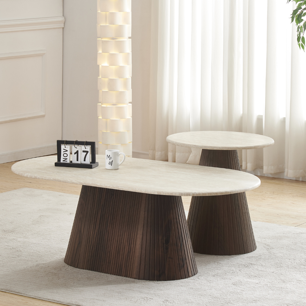 Louie Artificial Marble Wooden Laminated Round End Lamp Side Table Travertine Fast shipping On sale