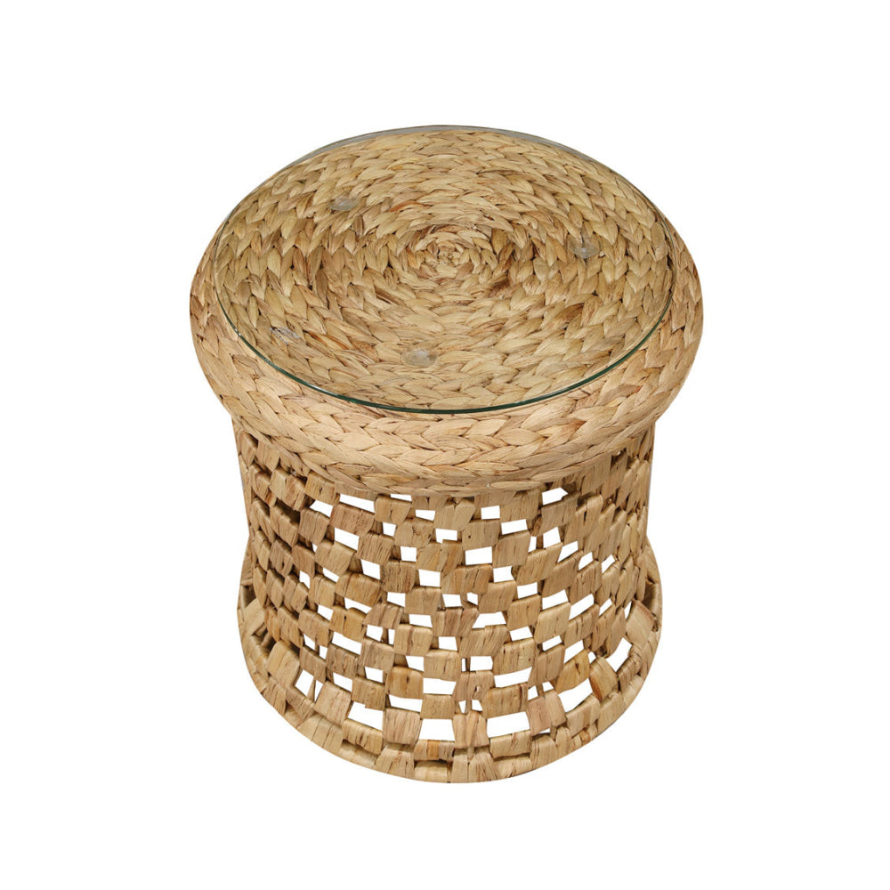 Lucy Woven Round Slim End Lamp Side Table Glass Top Metal Frame Natural Fast shipping On sale