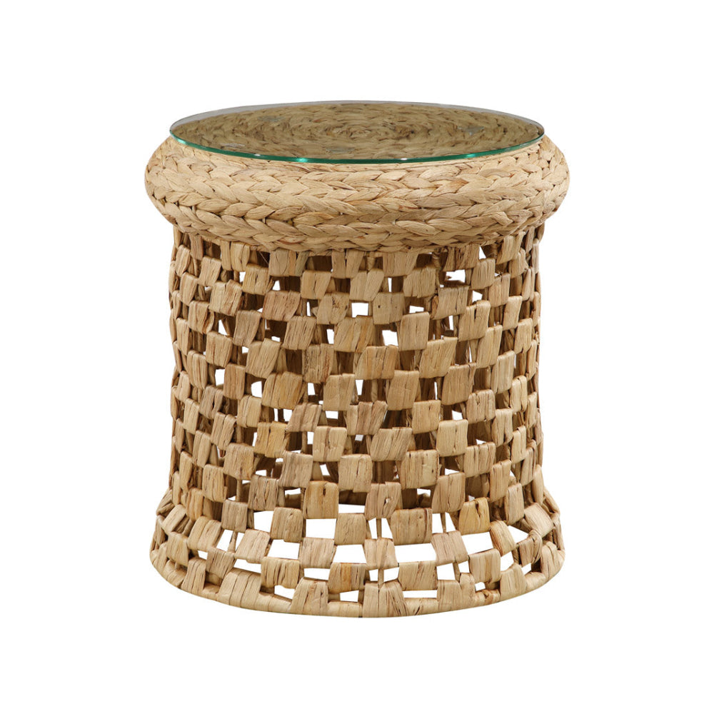 Lucy Woven Round Slim End Lamp Side Table Glass Top Metal Frame Natural Fast shipping On sale