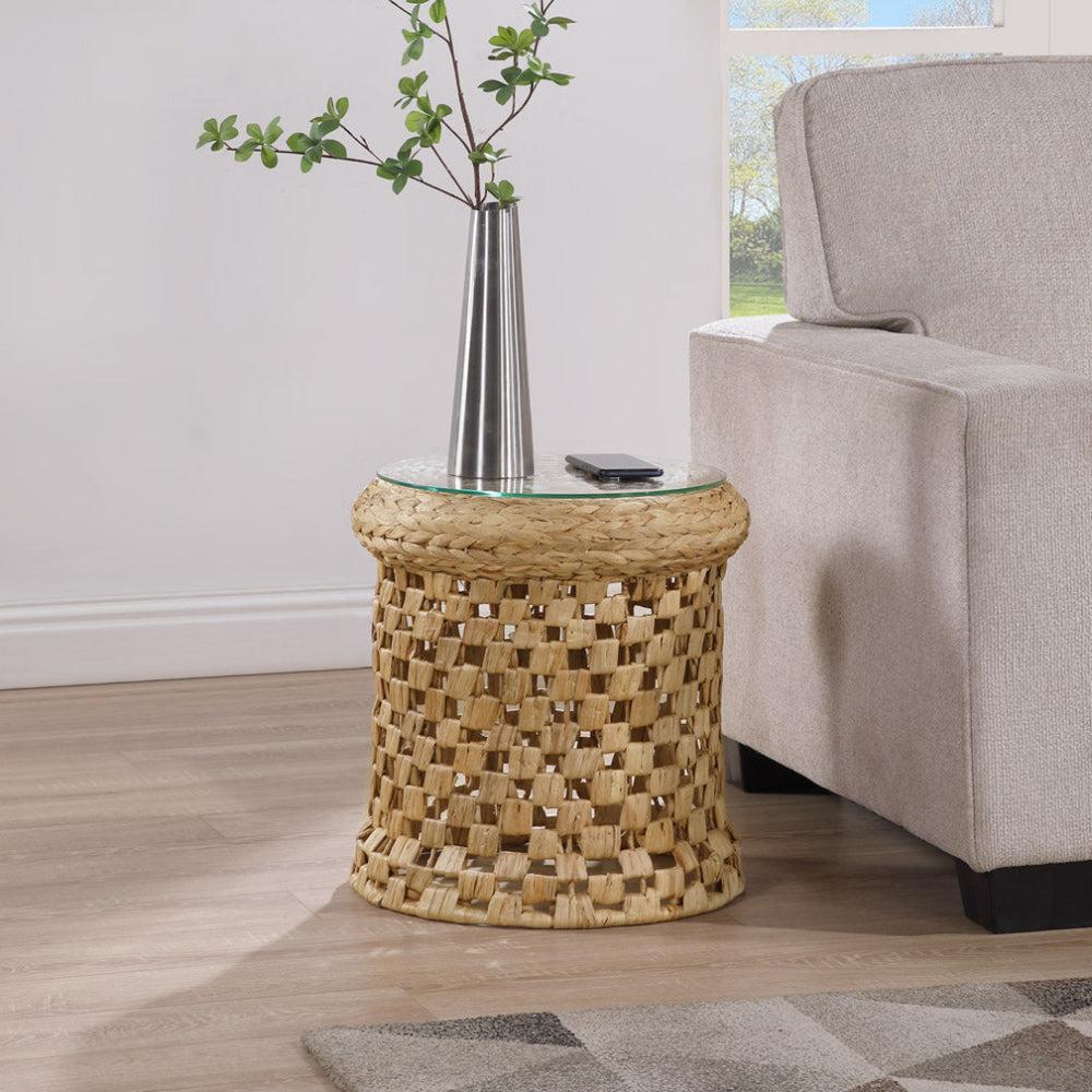Lucy Woven Round Slim End Lamp Side Table Glass Top Metal Frame Natural Fast shipping On sale