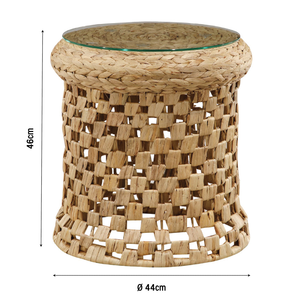 Lucy Woven Round Slim End Lamp Side Table Glass Top Metal Frame Natural Fast shipping On sale