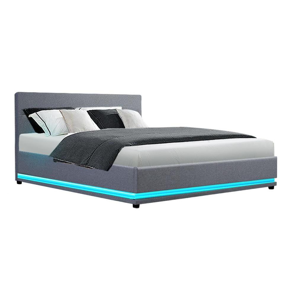 Lumi LED Bed Frame Fabric Gas Lift Storage - Grey Queen Fast shipping On sale