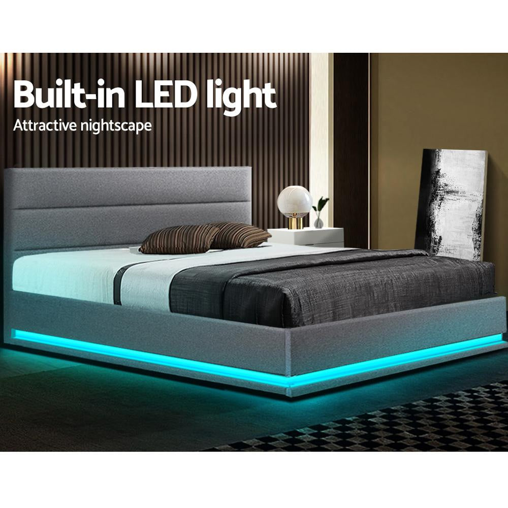 Lumi LED Bed Frame Fabric Gas Lift Storage - Grey Queen Fast shipping On sale