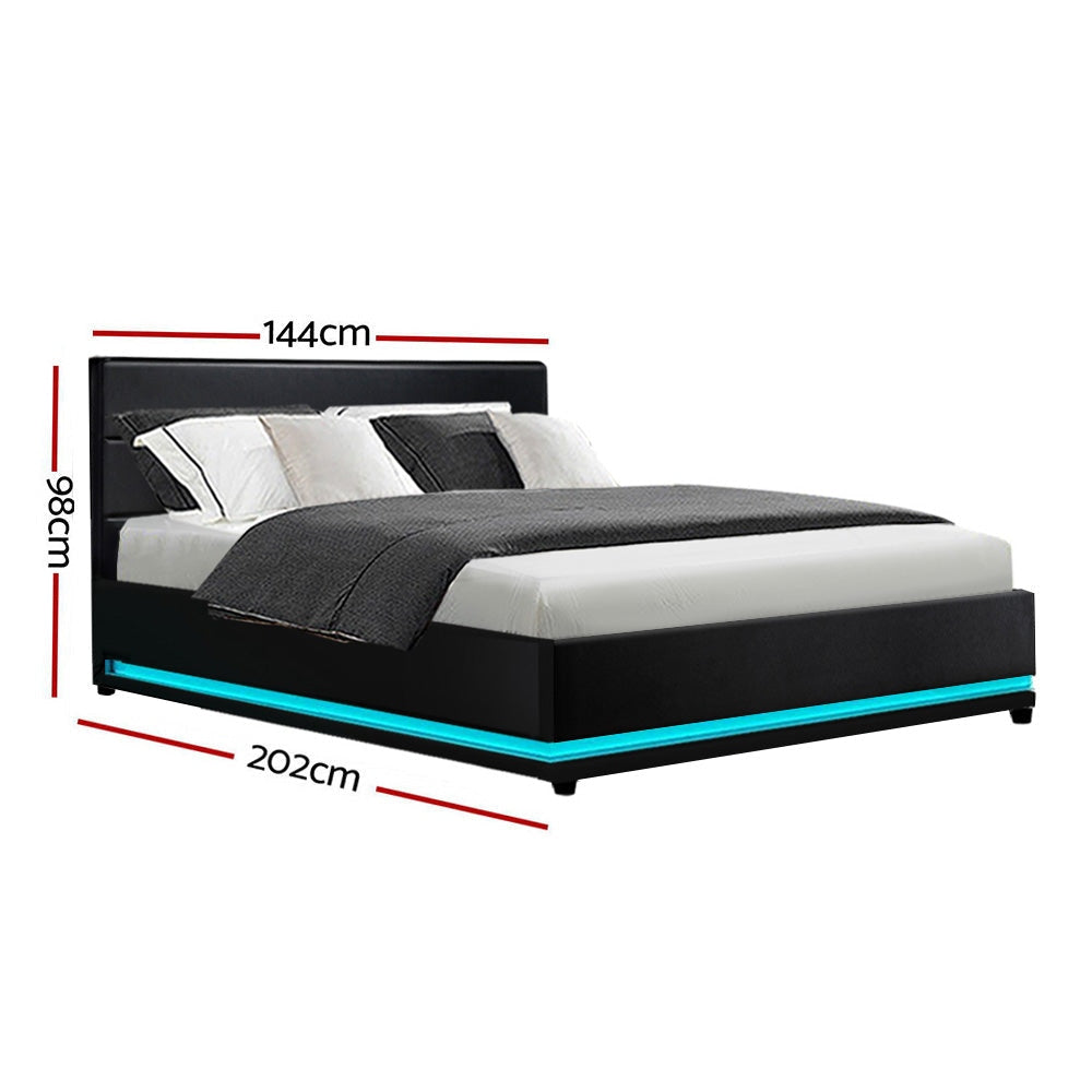 Lumi LED Bed Frame PU Leather Gas Lift Storage - Black Double Fast shipping On sale