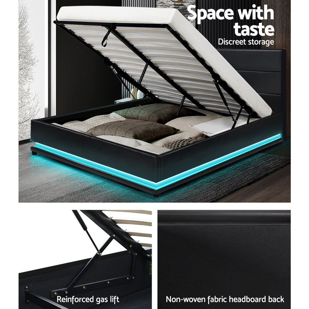 Lumi LED Bed Frame PU Leather Gas Lift Storage - Black Double Fast shipping On sale