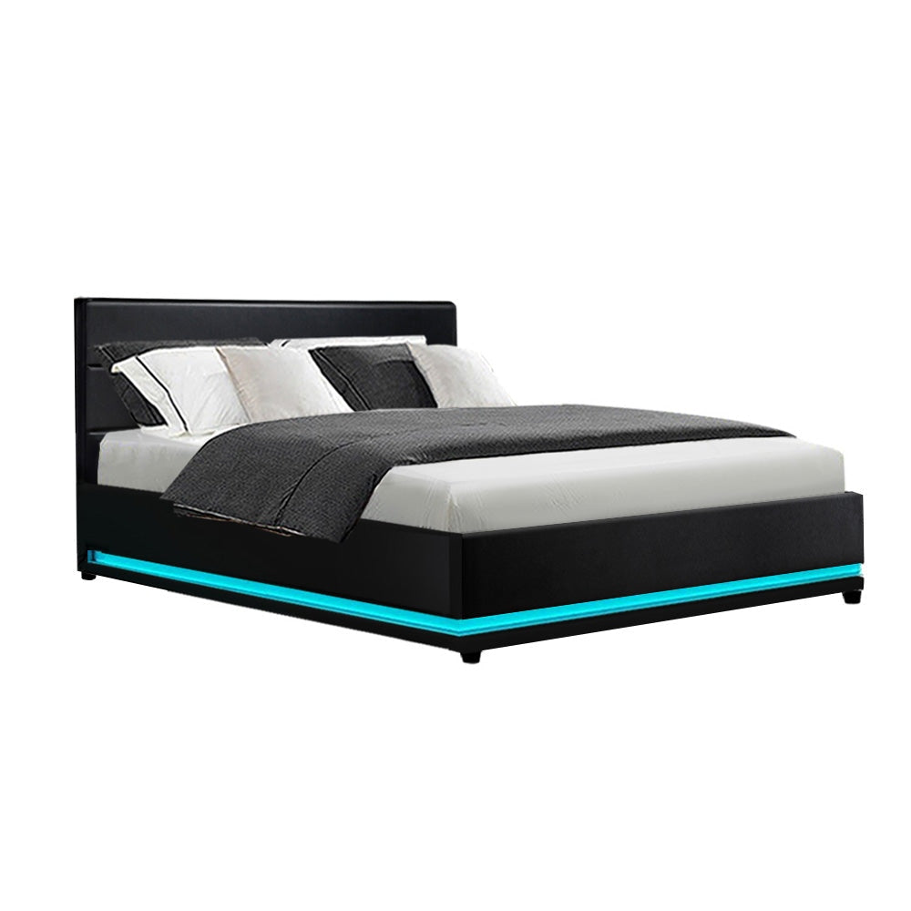 Lumi LED Bed Frame PU Leather Gas Lift Storage - Black Double Fast shipping On sale