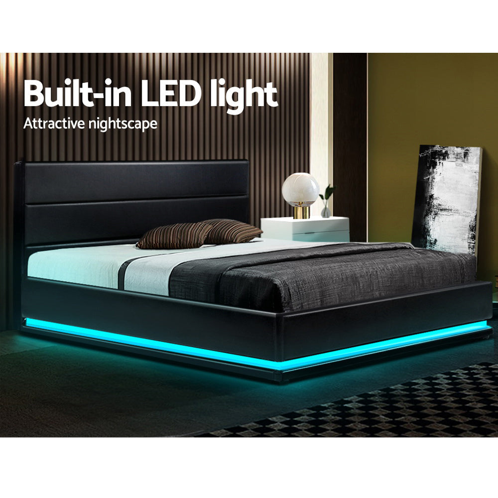 Lumi LED Bed Frame PU Leather Gas Lift Storage - Black King Fast shipping On sale