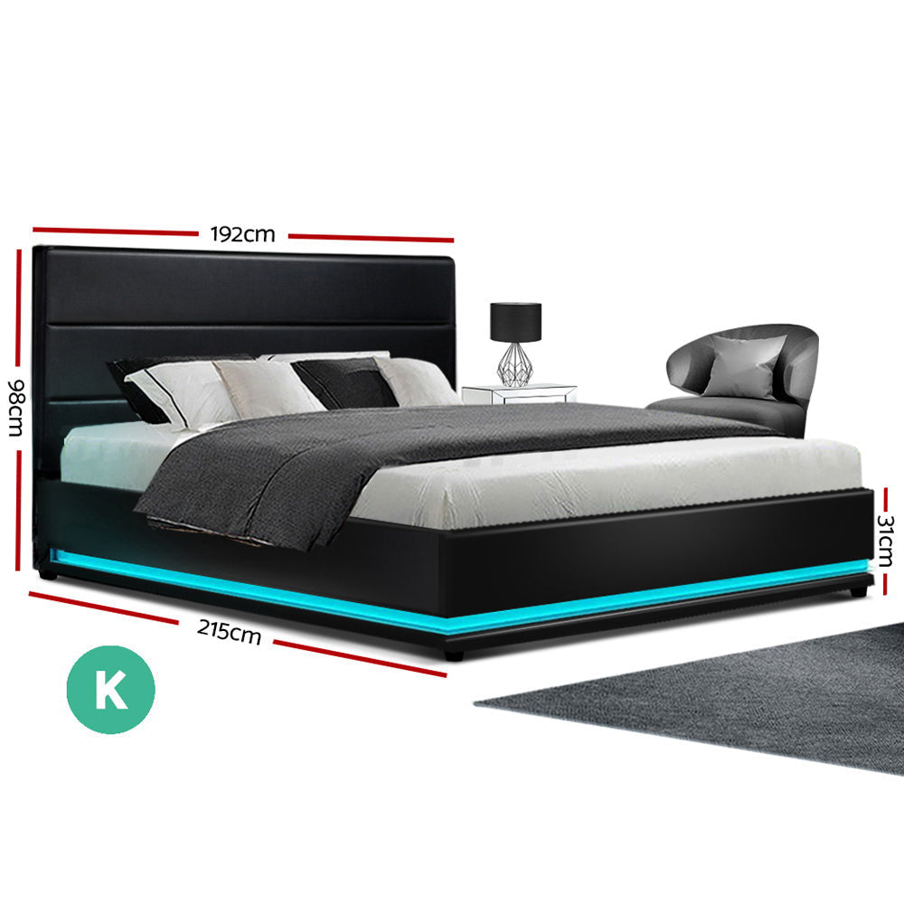 Lumi LED Bed Frame PU Leather Gas Lift Storage - Black King Fast shipping On sale