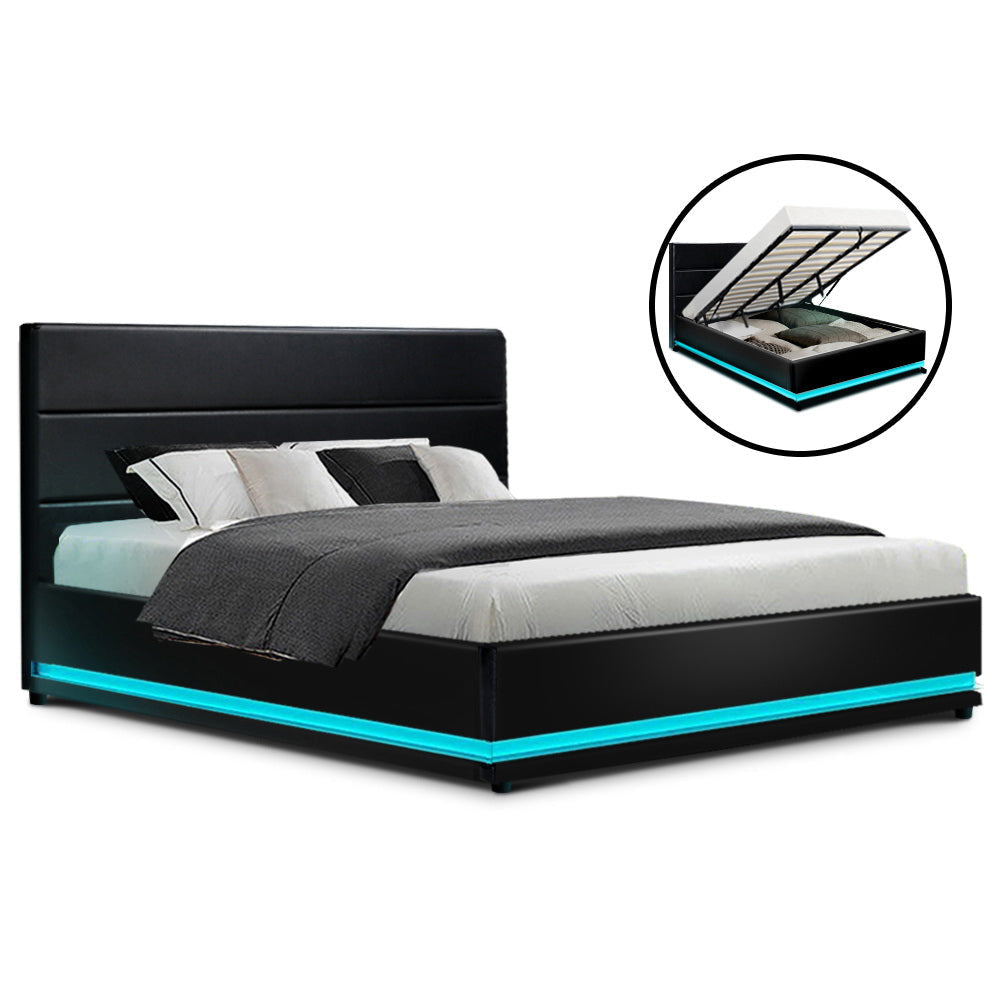 Lumi LED Bed Frame PU Leather Gas Lift Storage - Black King Fast shipping On sale