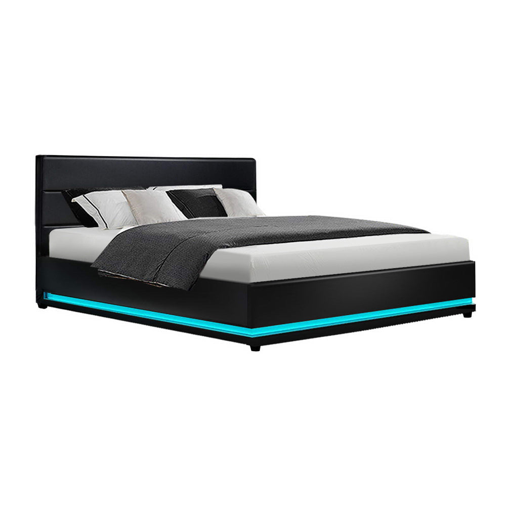 Lumi LED Bed Frame PU Leather Gas Lift Storage - Black Queen Fast shipping On sale