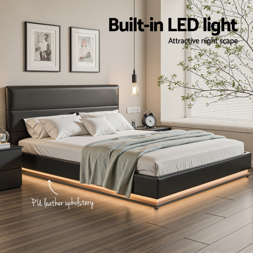 Lumi LED Bed Frame PU Leather Gas Lift Storage - Black Queen Fast shipping On sale