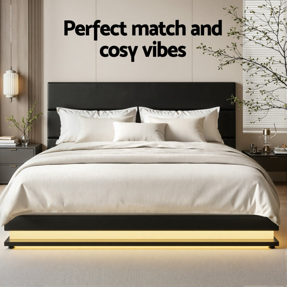 Lumi LED Bed Frame PU Leather Gas Lift Storage - Black Queen Fast shipping On sale