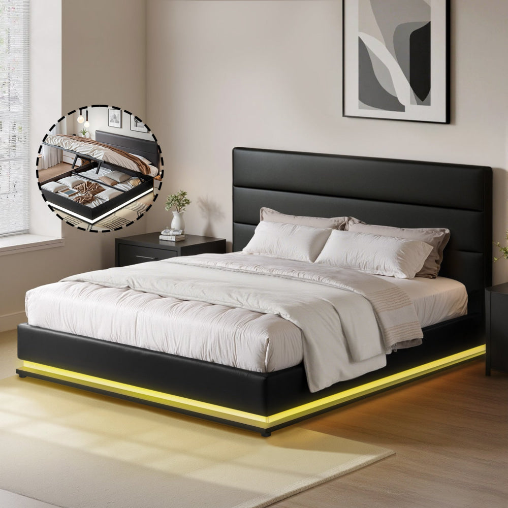 Lumi LED Bed Frame PU Leather Gas Lift Storage - Black Queen Fast shipping On sale