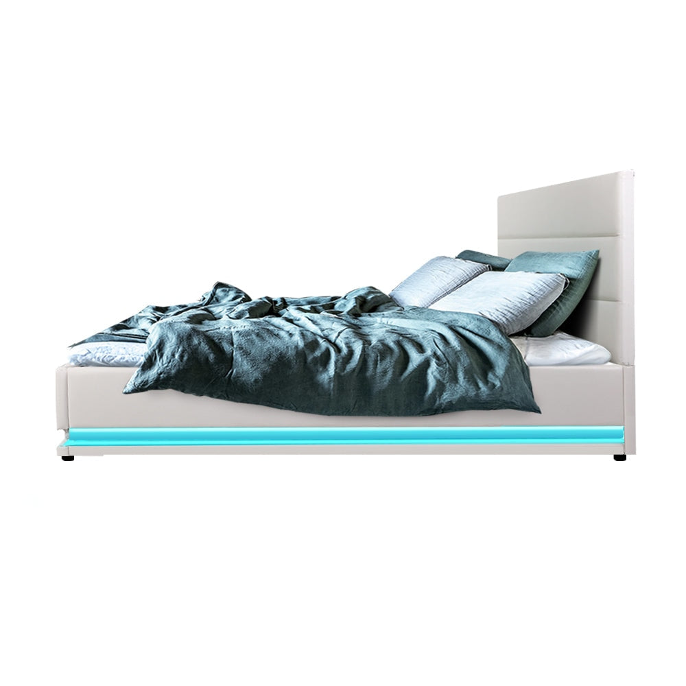 Lumi LED Bed Frame PU Leather Gas Lift Storage - White Double Fast shipping On sale