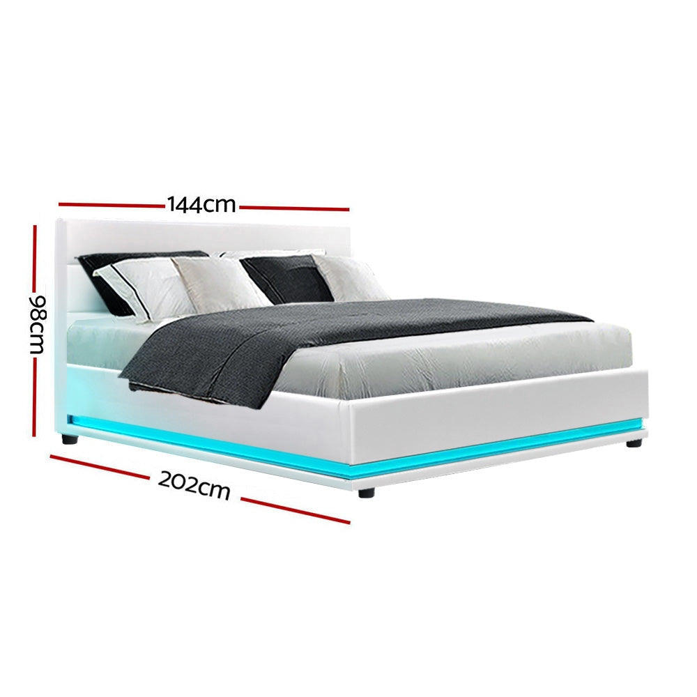 Lumi LED Bed Frame PU Leather Gas Lift Storage - White Double Fast shipping On sale