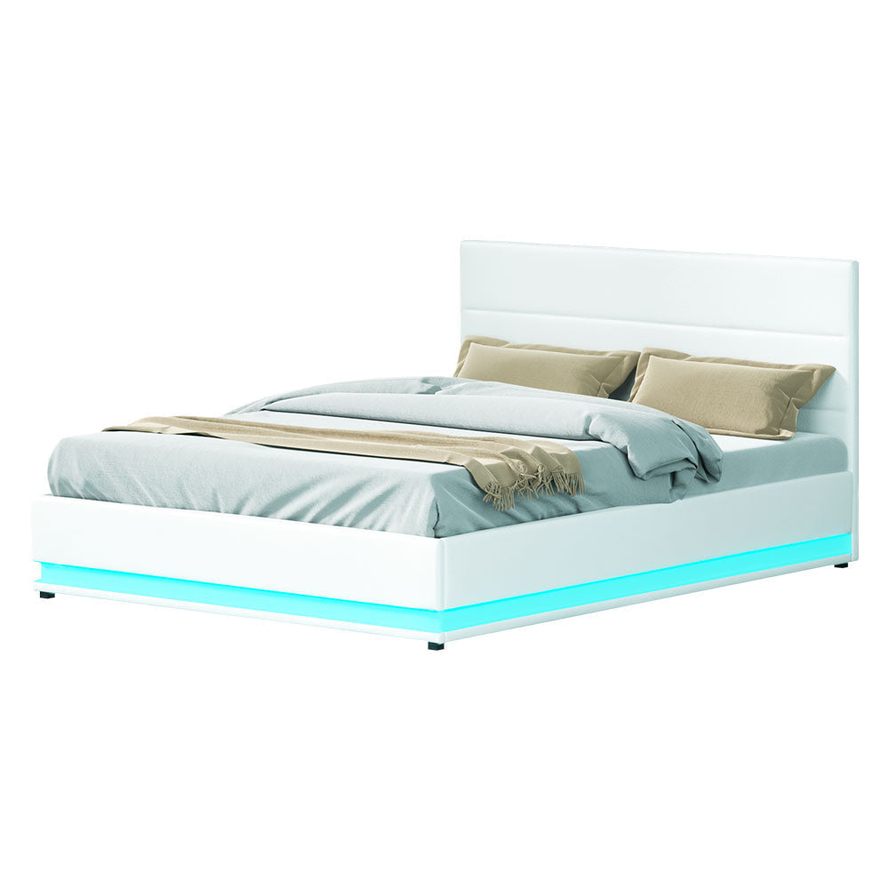 Lumi LED Bed Frame PU Leather Gas Lift Storage - White Queen Fast shipping On sale