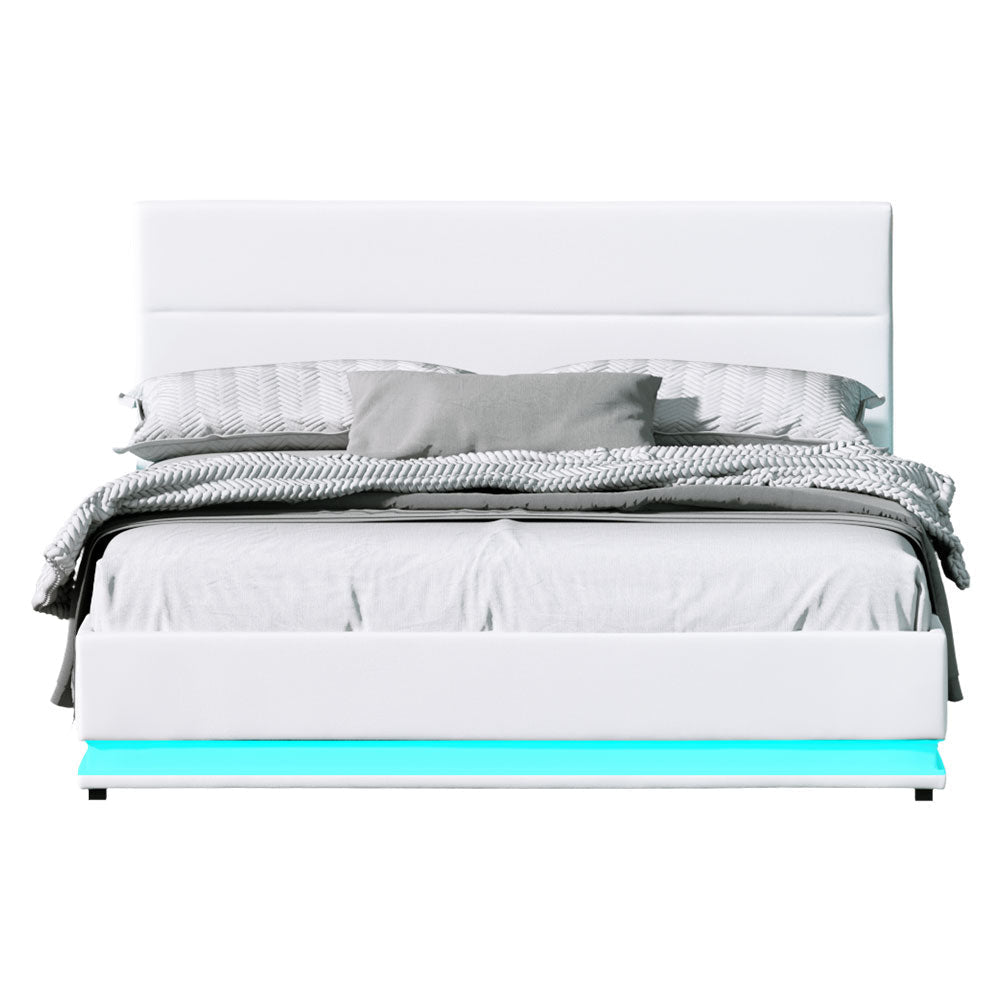 Lumi LED Bed Frame PU Leather Gas Lift Storage - White Queen Fast shipping On sale