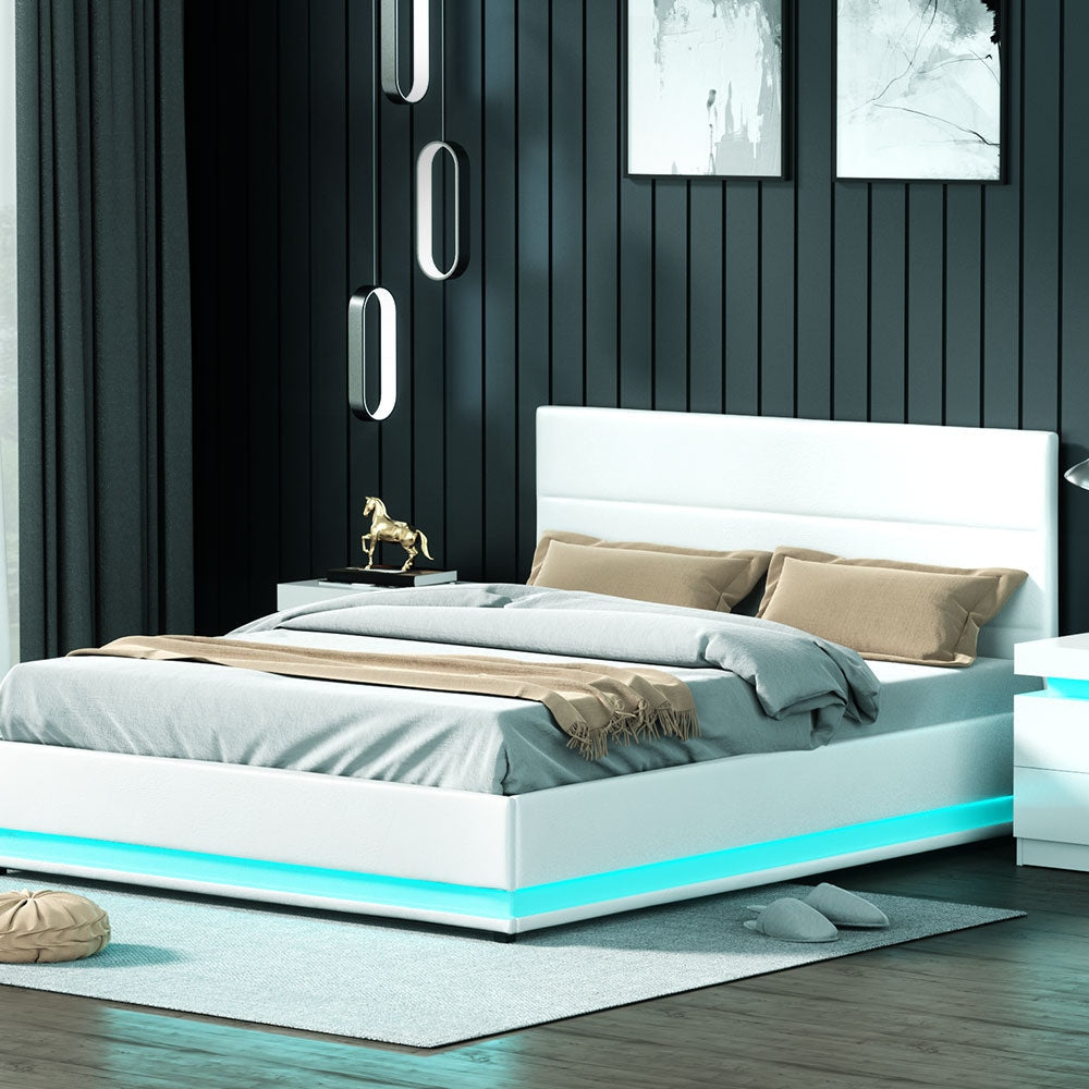 Lumi LED Bed Frame PU Leather Gas Lift Storage - White Queen Fast shipping On sale