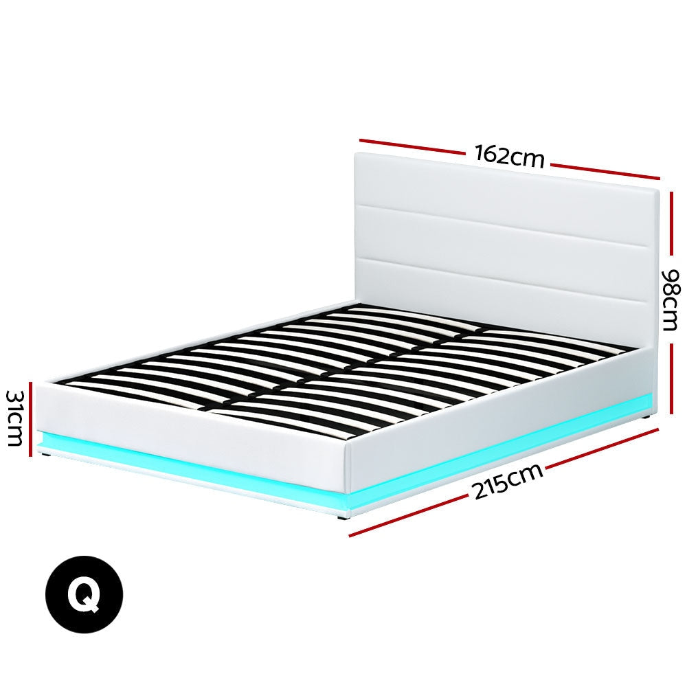 Lumi LED Bed Frame PU Leather Gas Lift Storage - White Queen Fast shipping On sale