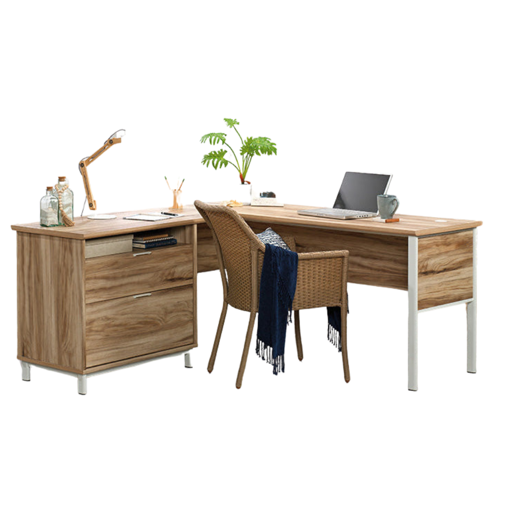 Mannon Executive Wooden L-Shaped Home Office Computer Working Desk Kiln Acacia Fast shipping On sale