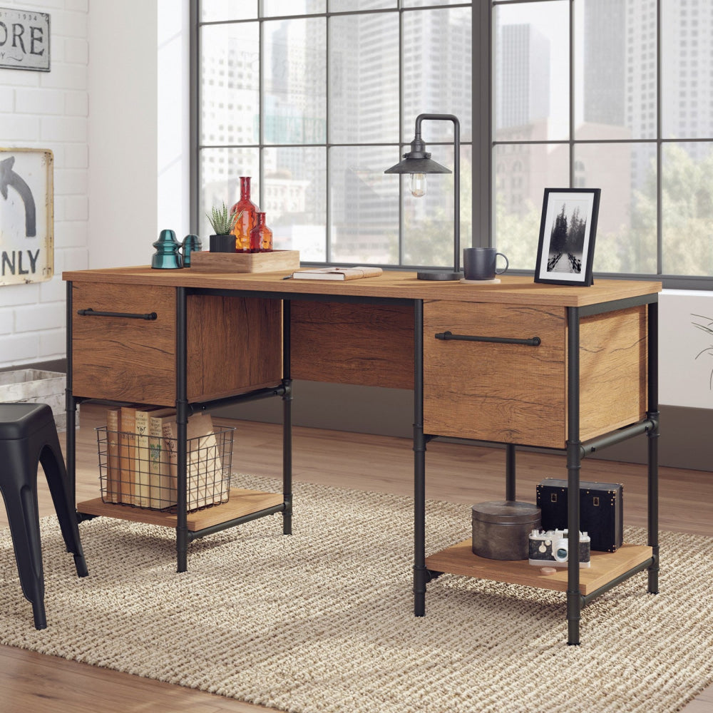 Mateo Industrial Working Computer Home Office Desk 2-Drawer Checked Oak Fast shipping On sale