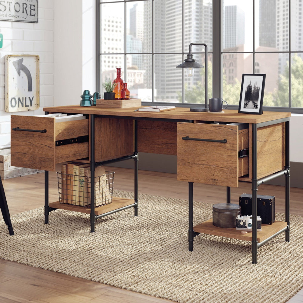 Mateo Industrial Working Computer Home Office Desk 2-Drawer Checked Oak Fast shipping On sale