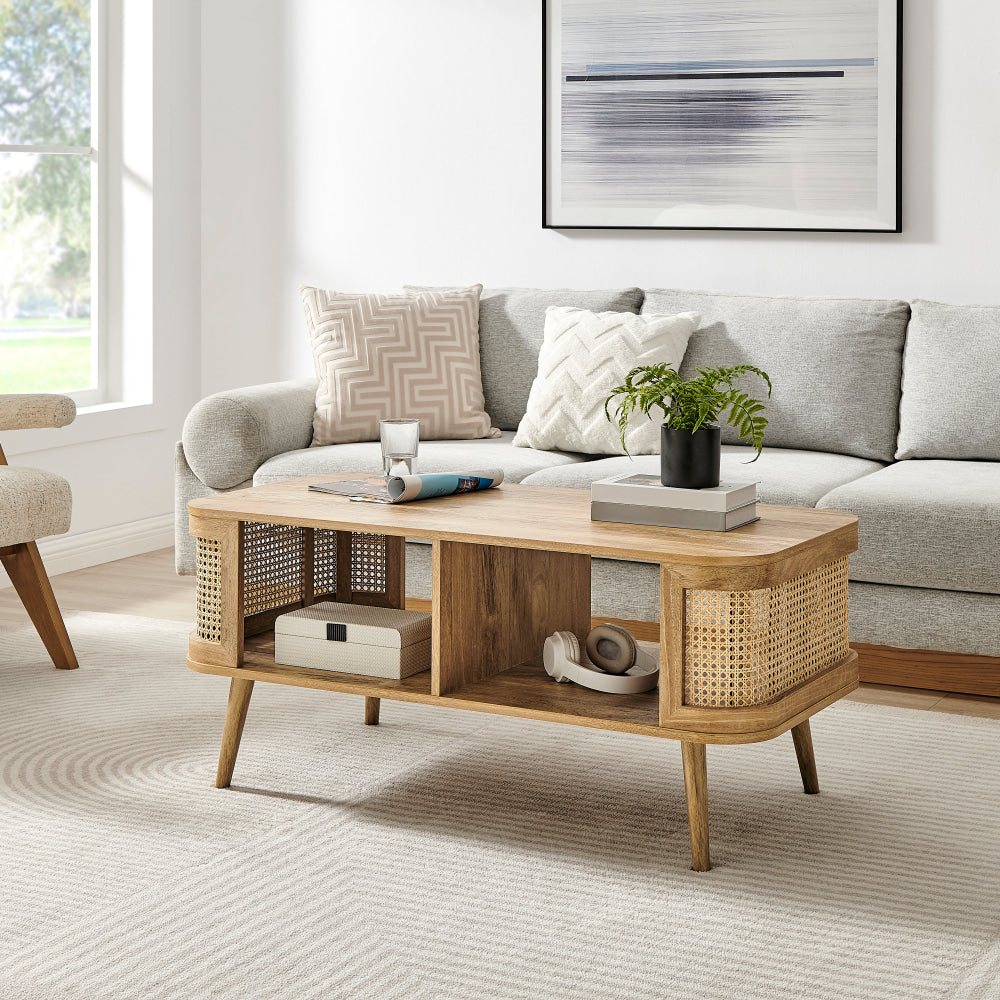 Mean Rectangular Open Shelves Tea Coffee Table Oak/Rattan Hall Fast shipping On sale