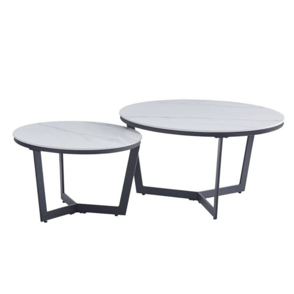 Set Of 2 Nesting Round Coffee Table Marble Look White/Black Fast shipping On sale