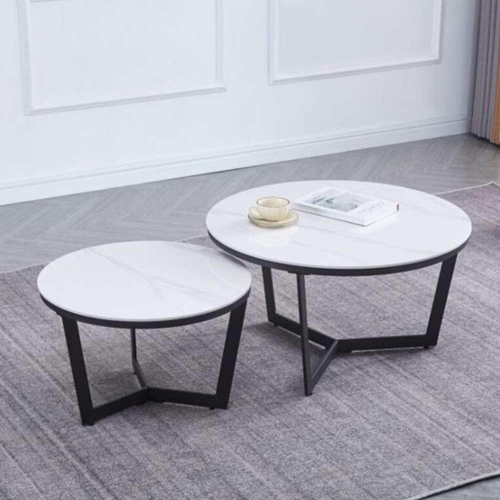 Set Of 2 Nesting Round Coffee Table Marble Look White/Black Fast shipping On sale