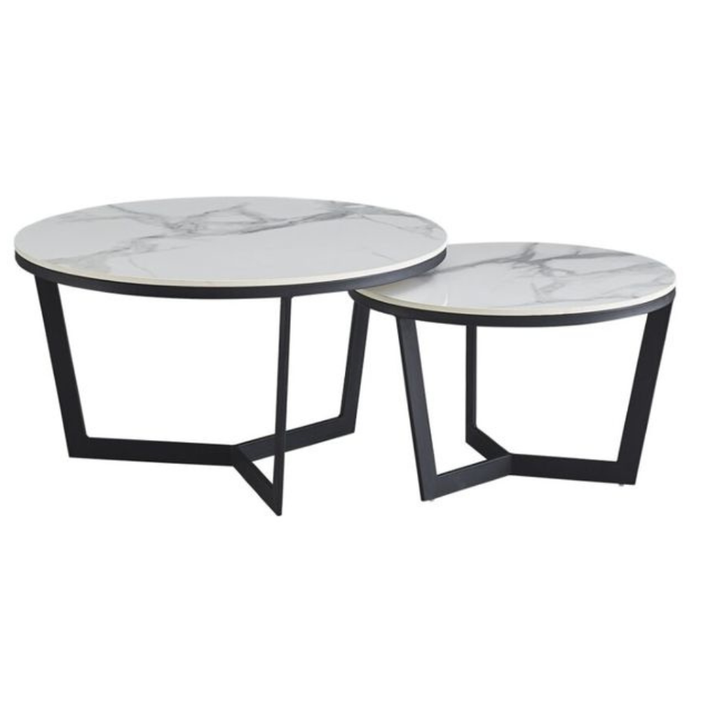 Set Of 2 Nesting Round Coffee Table Marble Look White/Black Fast shipping On sale