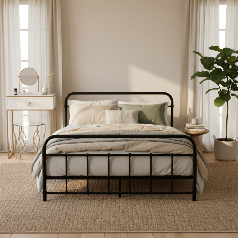 Metal Bed Frame Double Size Platform Foundation Mattress Base Leo Black Fast shipping On sale