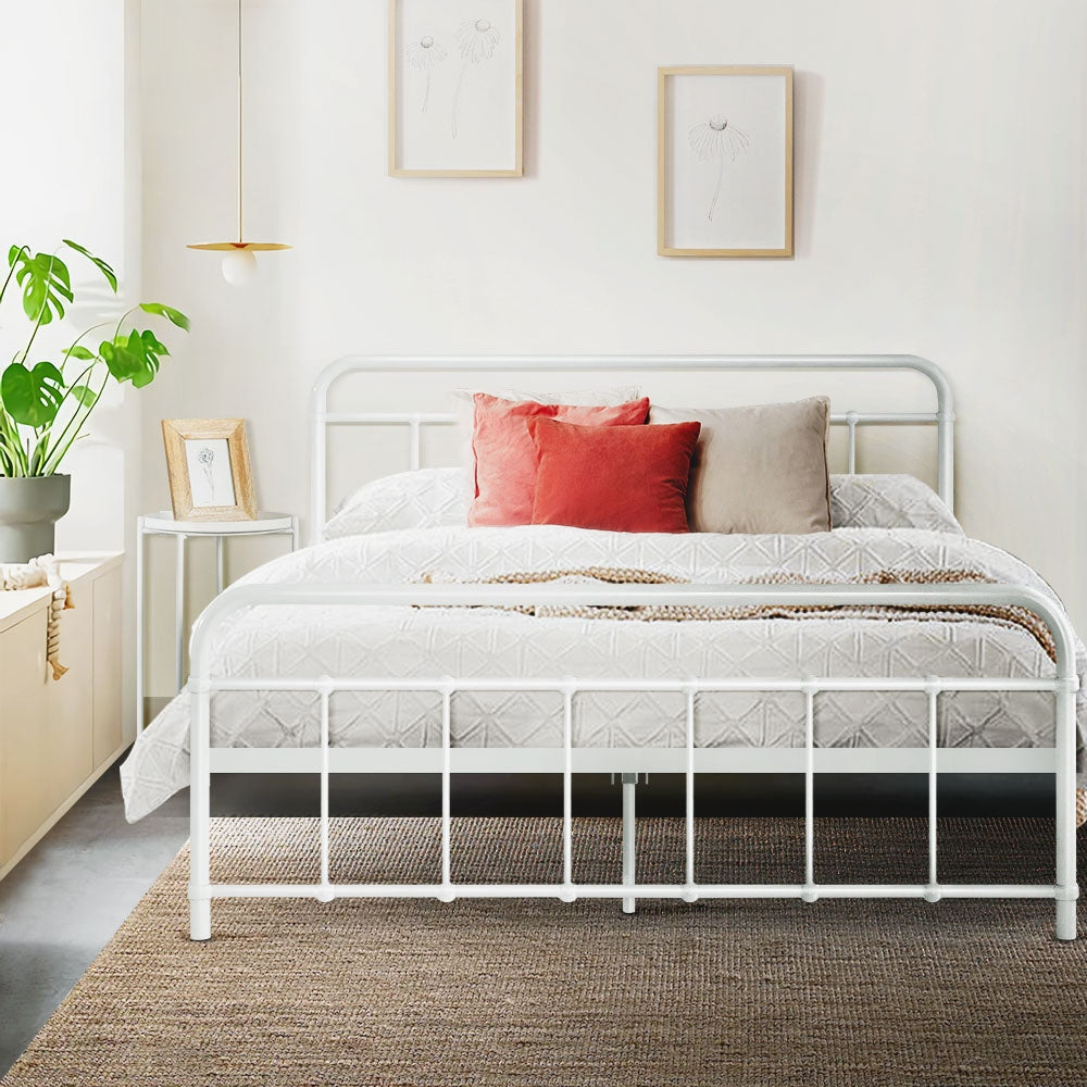 Metal Bed Frame Queen Size Platform Foundation Mattress Base Leo White Fast shipping On sale