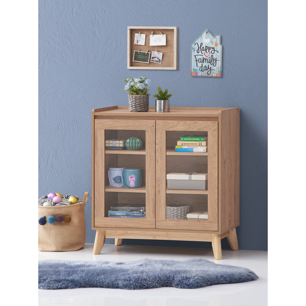 Minere Low Cupboard Display Storage Cabinet 2-Doors Oak Fast shipping On sale