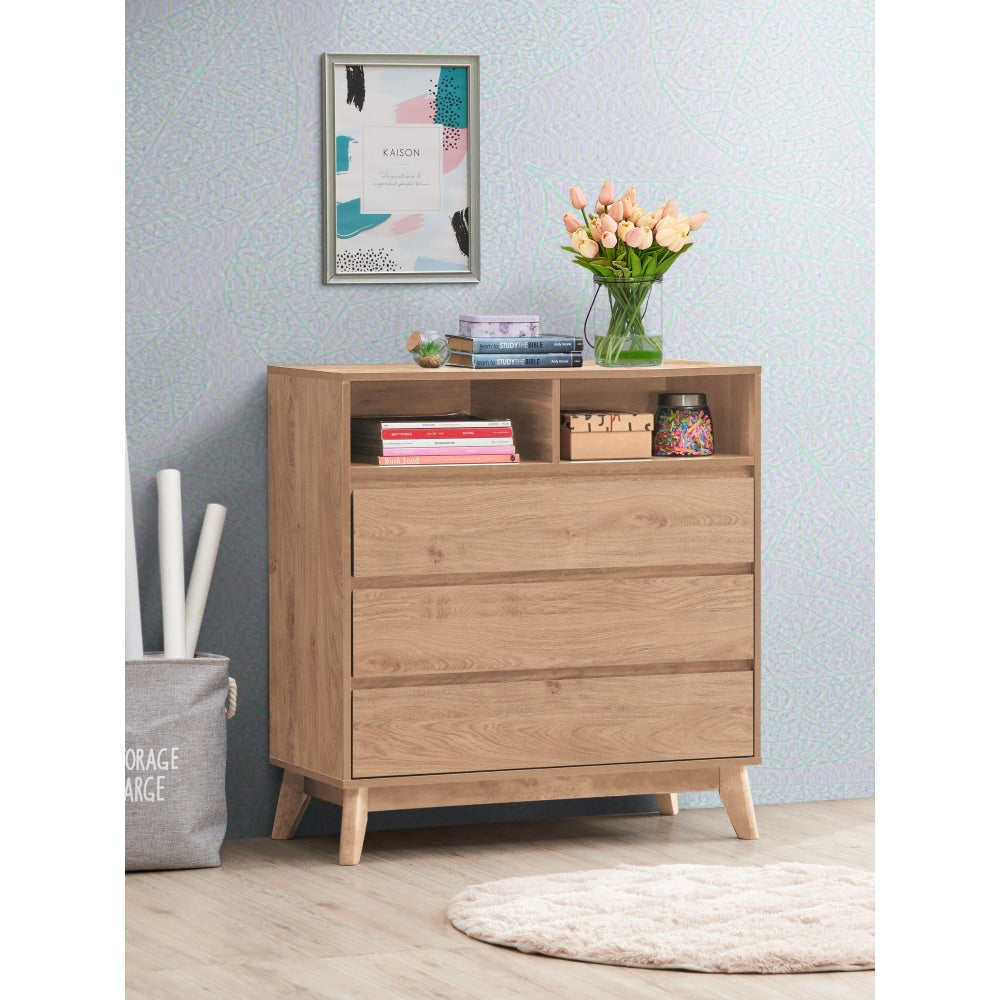 Minere Wooden Chest Of 3-Drawers Tallboy Storace Cabinet W/ 2-Shelf - Oak Drawers Fast shipping On sale