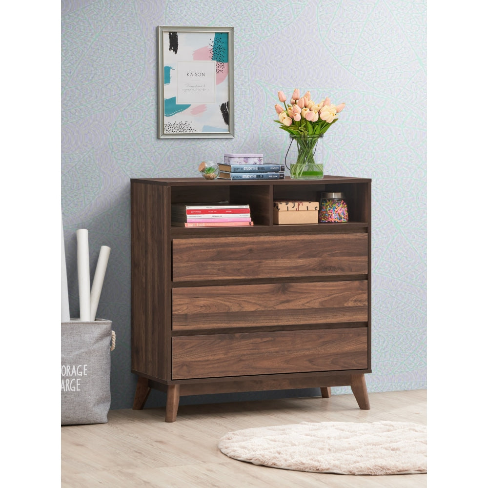 Minere Wooden Chest Of 3-Drawers Tallboy Storace Cabinet W/ 2-Shelf - Walnut Drawers Fast shipping On sale