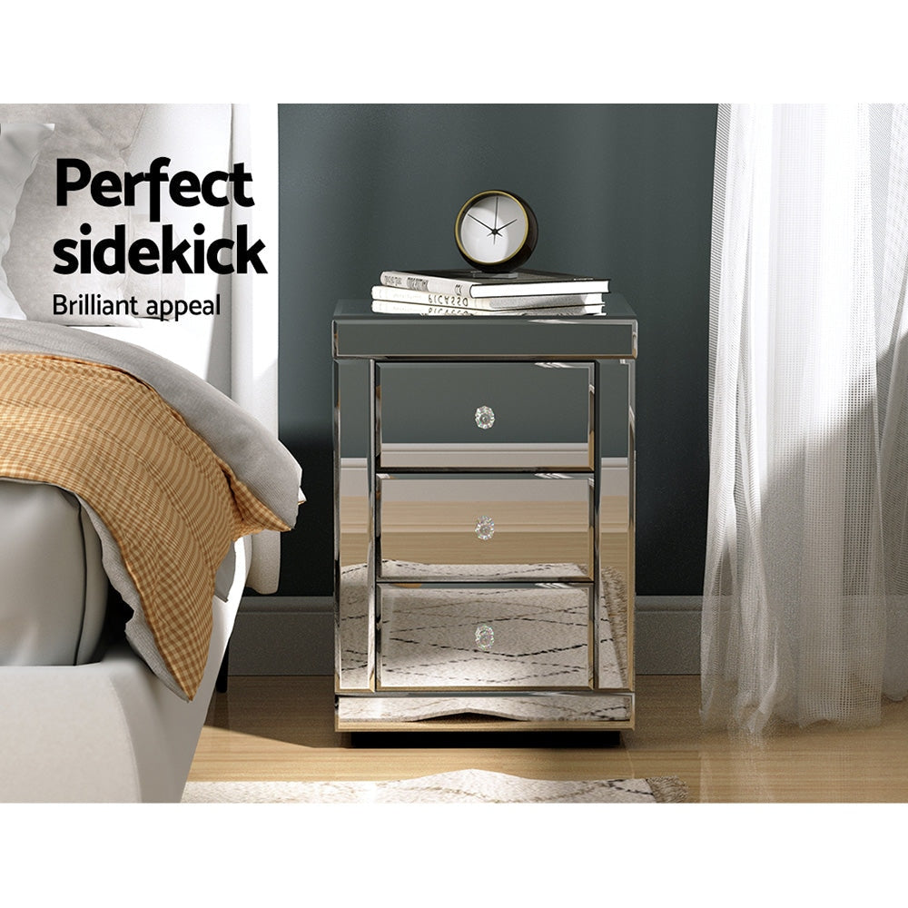 Mirrored Bedside Table Drawers Furniture Mirror Glass Presia Silver Fast shipping On sale