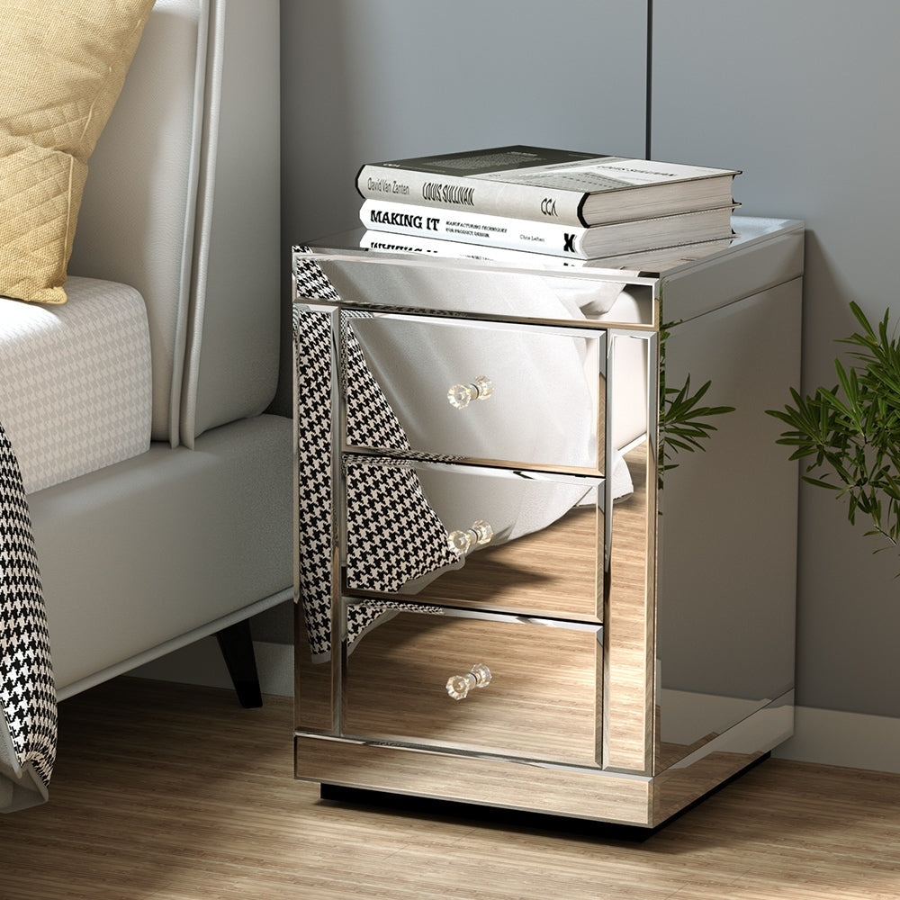 Mirrored Bedside Table Drawers Furniture Mirror Glass Presia Silver Fast shipping On sale