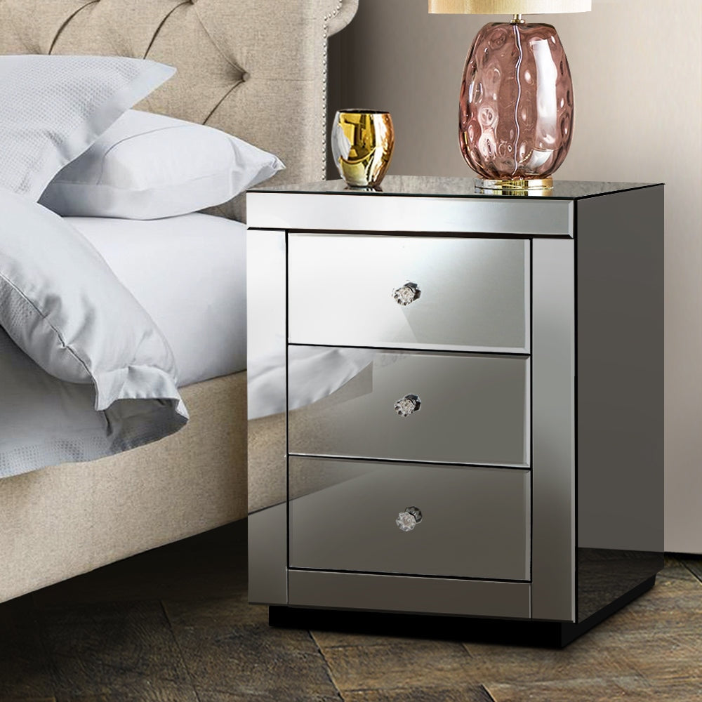 Mirrored Bedside table Drawers Furniture Mirror Glass Presia Smoky Grey Table Fast shipping On sale
