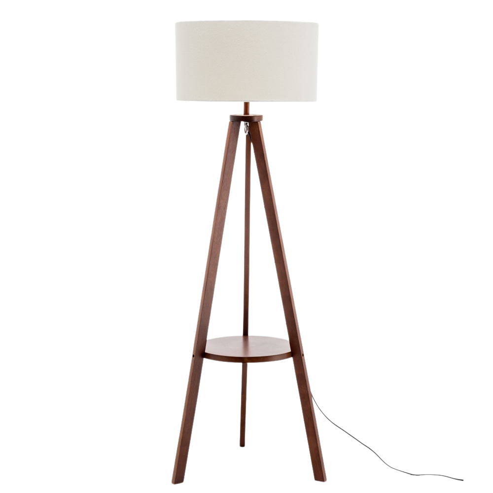 Miya Rubberwood Tripod Floor Lamp W/ Round Shelf Linen Shade - Off White/Cherry Fast shipping On sale