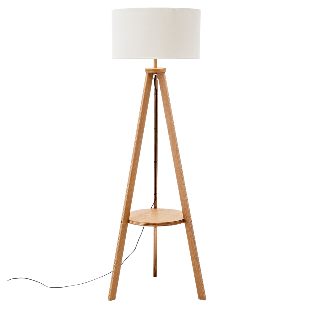 Miya Rubberwood Tripod Floor Lamp W/ Round Shelf Linen Shade - Off White/Natural Fast shipping On sale