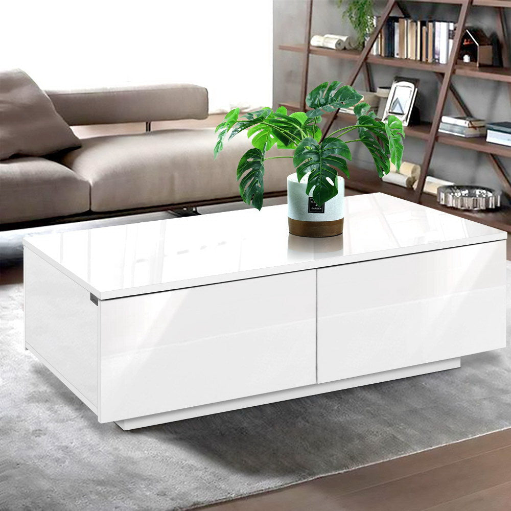 Modern Coffee Table 4 Storage Drawers High Gloss Living Room Furniture White Fast shipping On sale