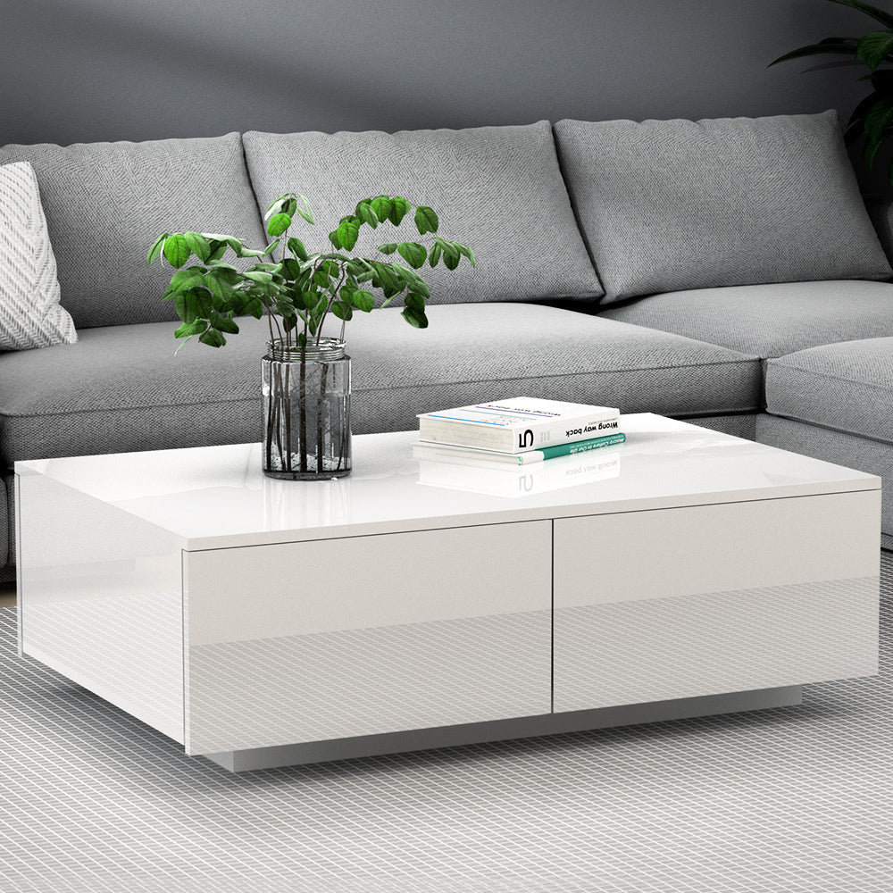 Modern Coffee Table 4 Storage Drawers High Gloss Living Room Furniture White Fast shipping On sale