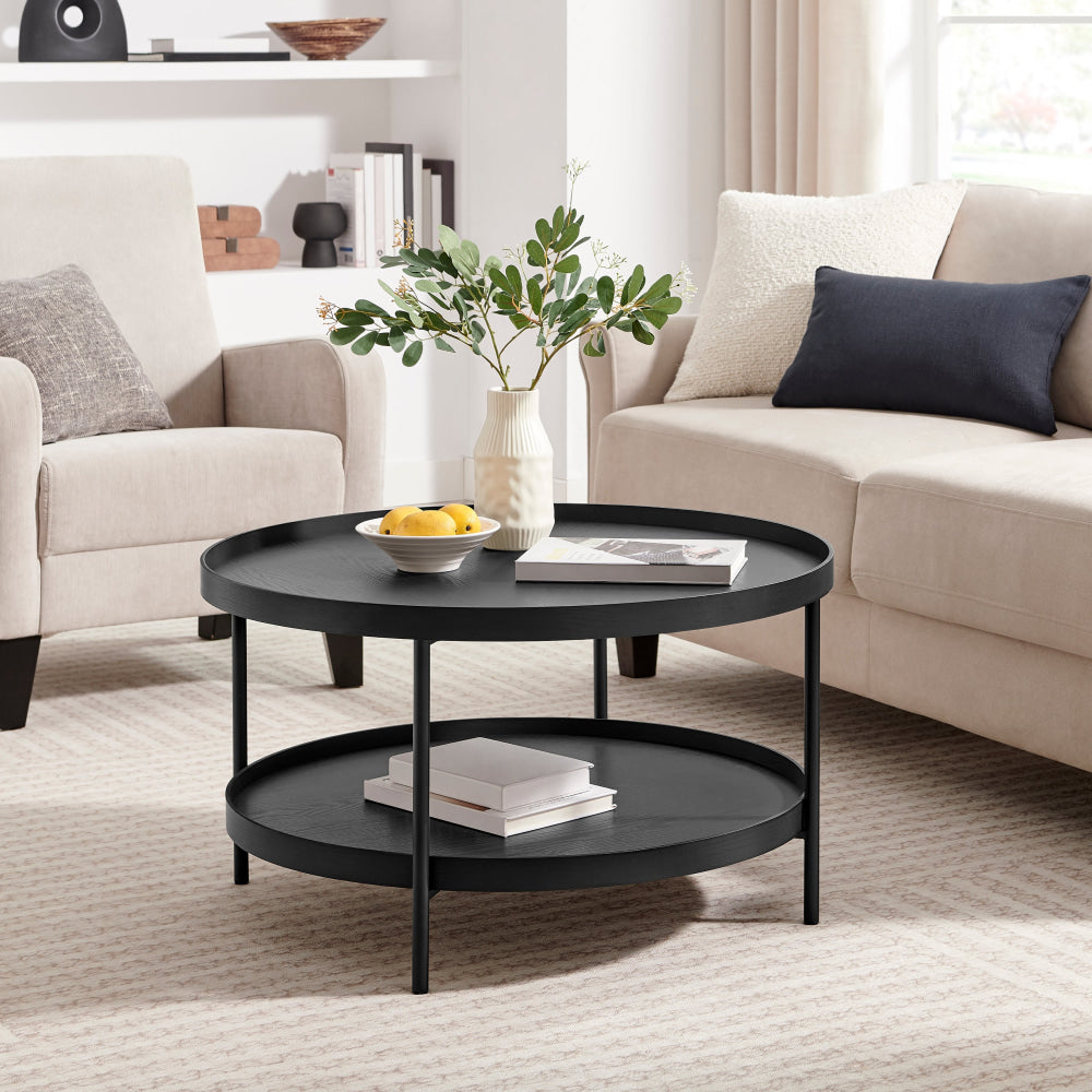 Myla Round Wooden 2-Tier Coffee Table Metal Tube Frame Black Fast shipping On sale