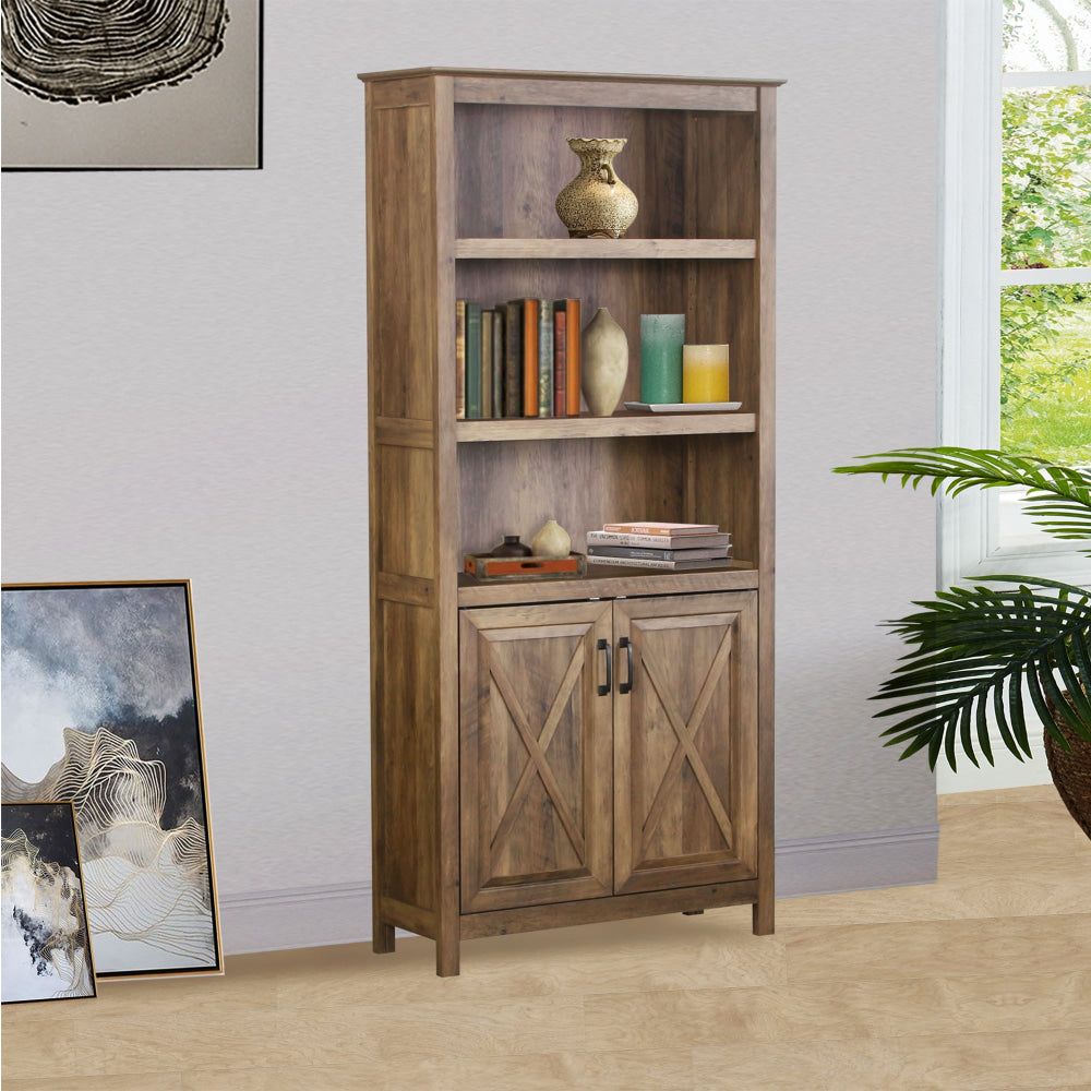 Nazma 5-Tier 2-Door Display Shelves Bookcase Storage Cabinet Rustic Oak Fast shipping On sale