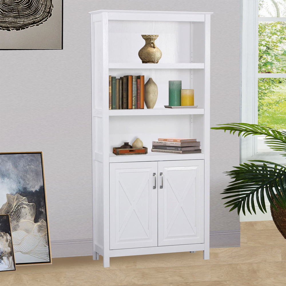 Nazma 5-Tier 2-Door Display Shelves Bookcase Storage Cabinet White Fast shipping On sale