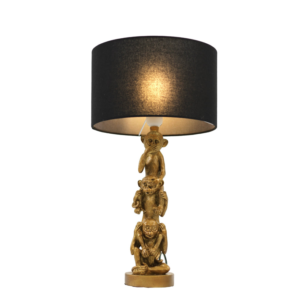 Neva Three Wise Monkey Base Fabric Shade Desk Table Light Lamp Gold/Black Fast shipping On sale