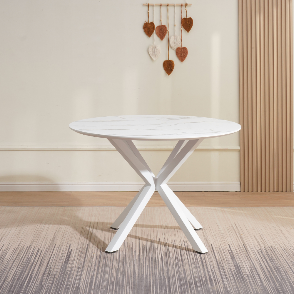 Nevya Wooden Laminated Round Kitchen Dining Table Marble Effect 110cm White Fast shipping On sale